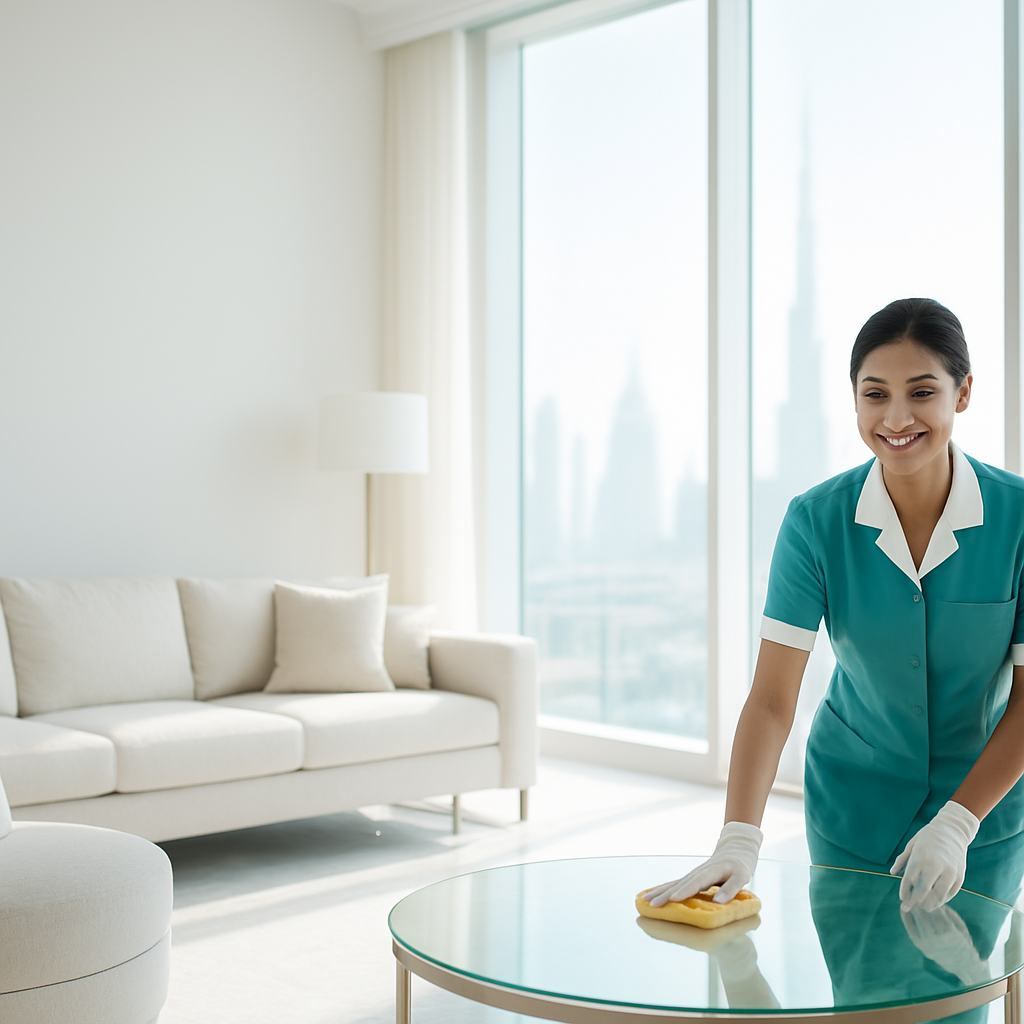 Professional cleaner polishing a glass surface in a bright, pristine luxury Sharjah apartment