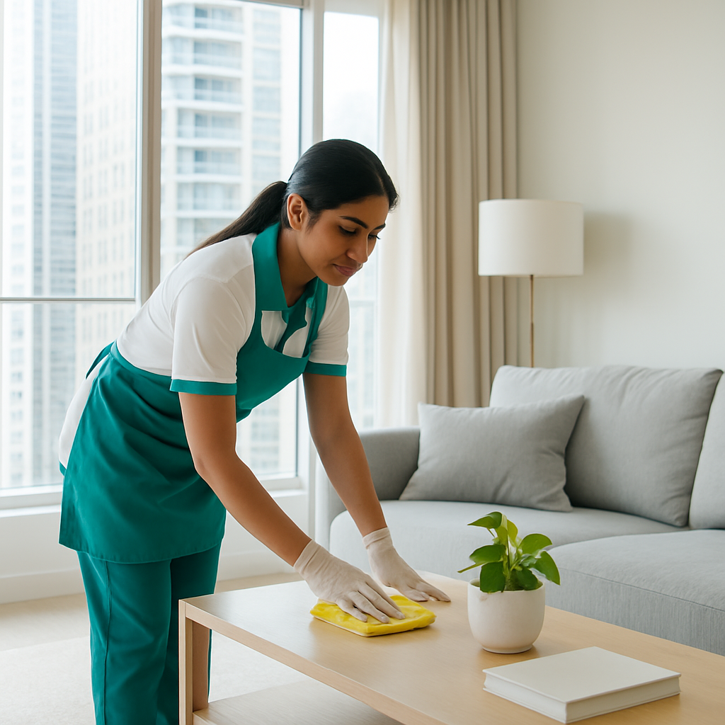 A professional cleaner tidying a bright, modern living room in a UAE apartment