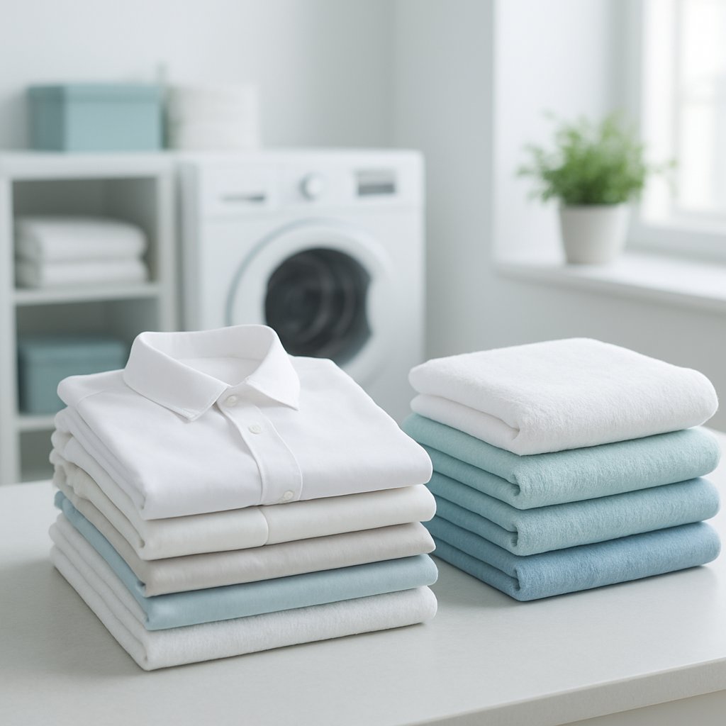 Neatly folded fresh laundry and pressed shirts stacked on a clean surface