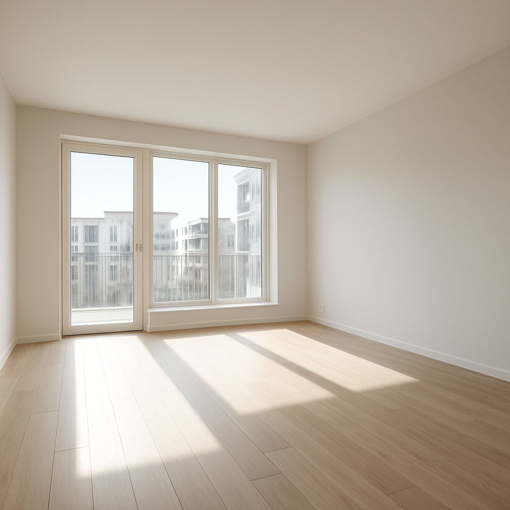 An empty, freshly cleaned apartment with sunlight, ready for handover or move-in