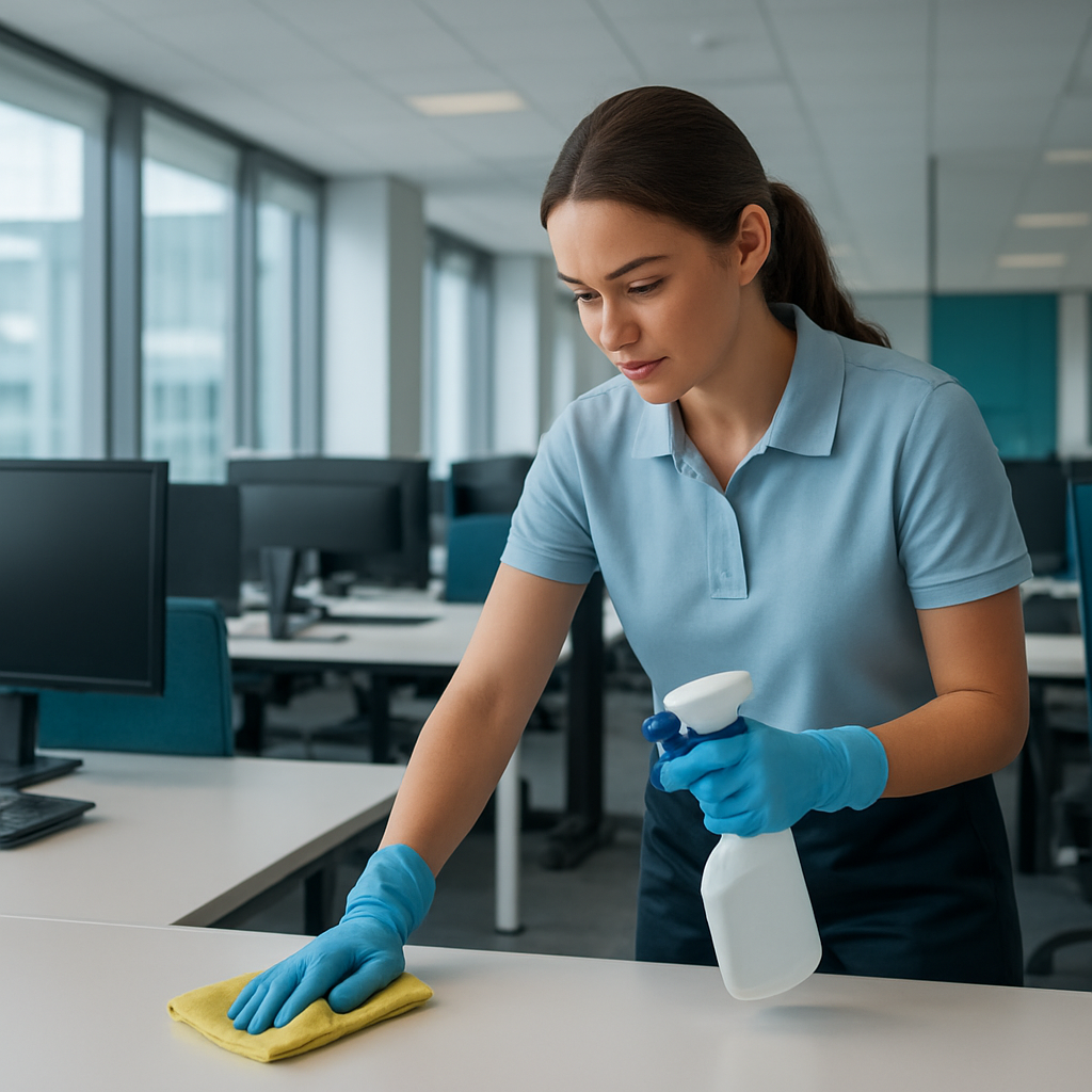 A cleaner maintaining a modern open-plan office with desks and glass partitions